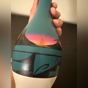 Native Teal and White Artistic Vase - Hand Painted- Native American